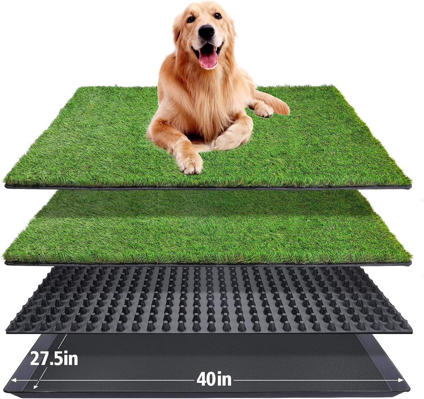 Dog Grass Pad with Tray(40×27.5 inch), Large XL Reusable 3-Layer Dog Pee Potty Grass Pads, Easy to Clean Artificial Fake Grass for Indoor Outdoor and Balcony (2 Pcs Grass Pad+Drainage Grate+Tray)