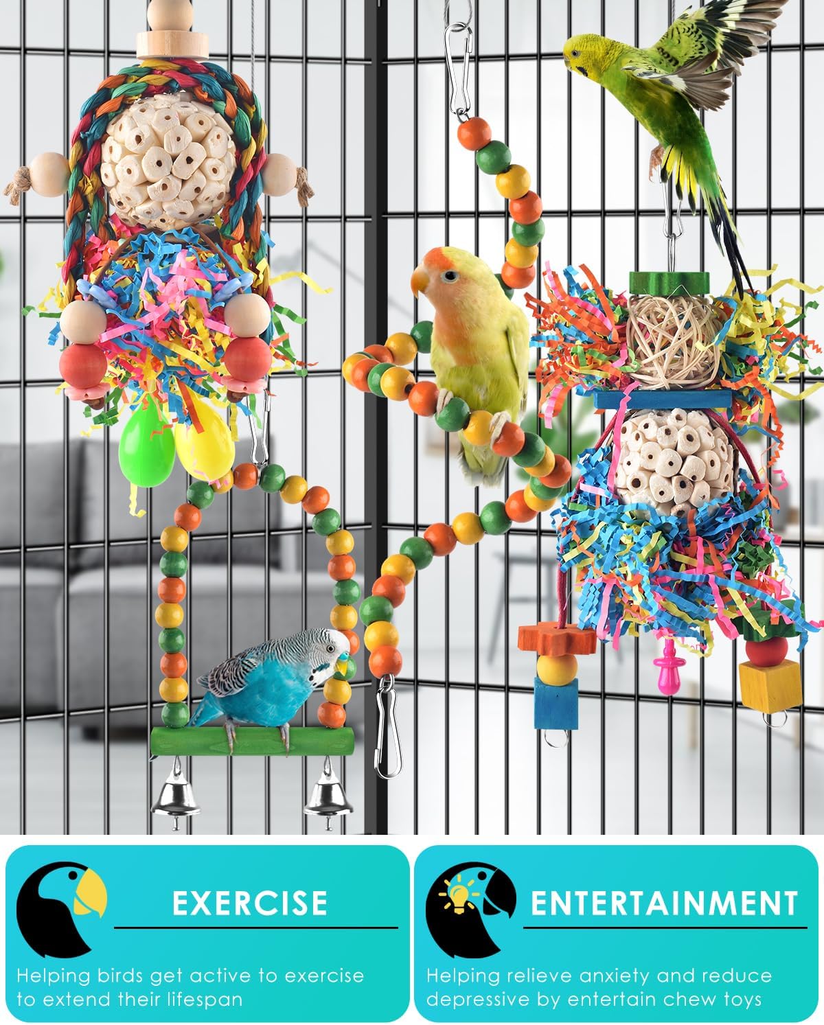 Bissap Conure Toys, 4 PCS Parrot Foraging Shredder Hanging Toys Sola Balls with Sand Hammer Perch Swing Climbing for Small Parrots Parakeets Conures Cockatiels Love Birds Cage Toy