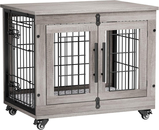 Lulive Small Dog Crate Furniture, Dog Kennel Indoor Double Doors Wooden Dog Cage, 27.1'' Heavy Duty Dog Crate with Cushion & Wheels, Decorative End Table Pet House Chew-Resistant for Small Dogs, Grey
