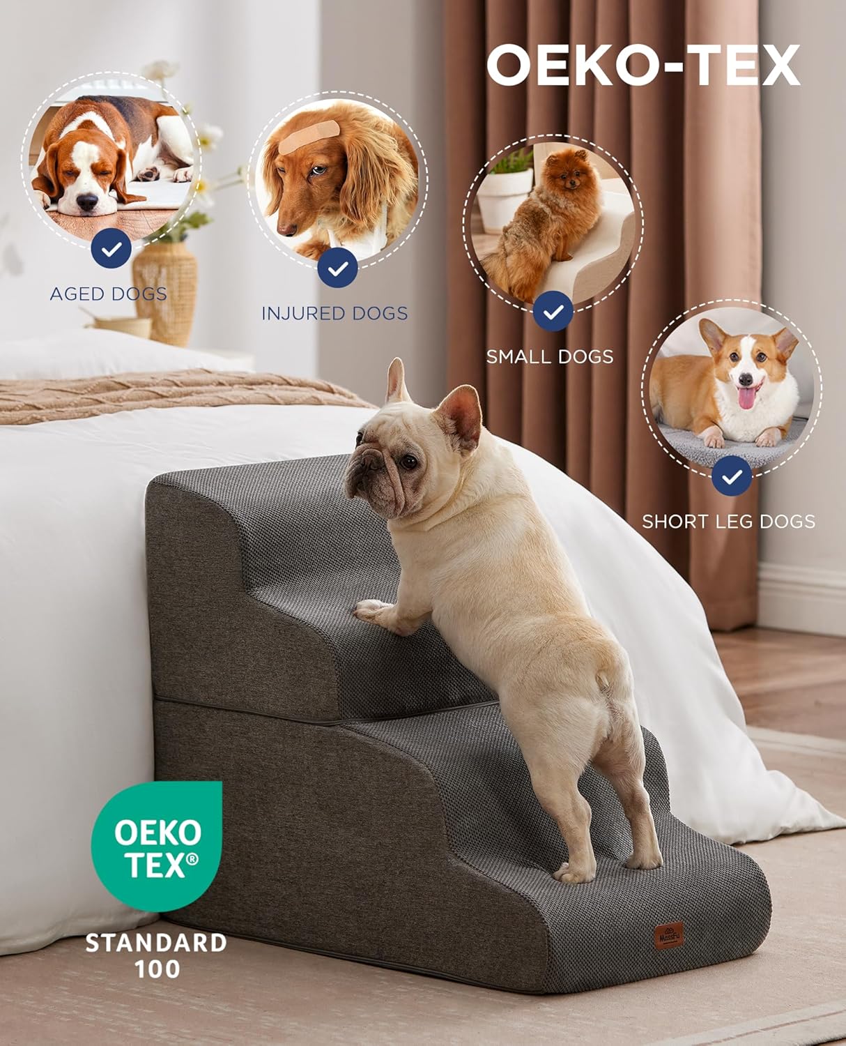 Gray Curved Dog Stairs Ramp for High Beds 22.8" H, 4-Step Dog Steps for Small Dogs and Cats, Pet Stairs for High Bed Climbing, Non-Slip Balanced Pet Step