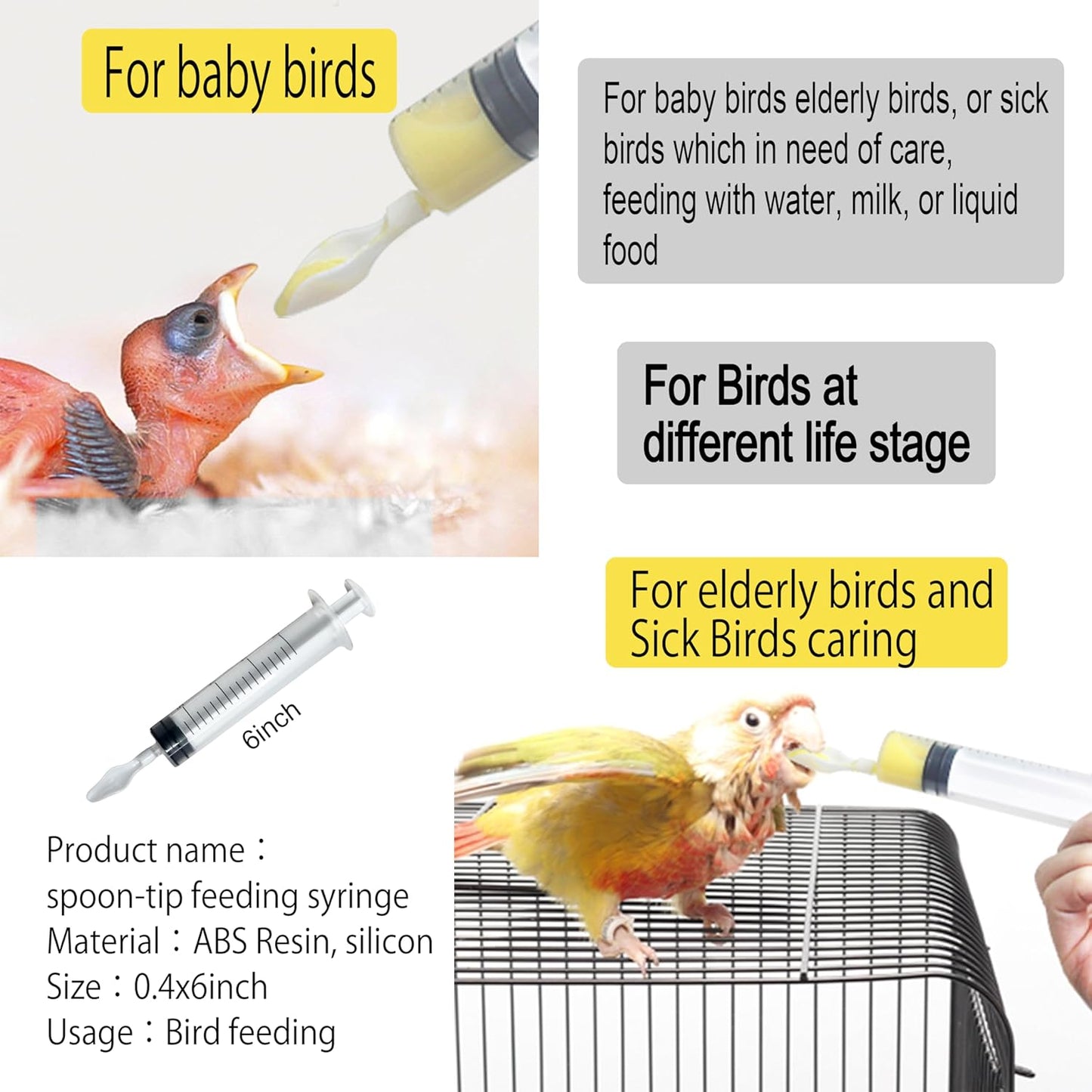 Baby Bird Feeding Syringe,Parrot Small Pet,Manual Syringe Feeder, Milk Water,Liquid Food,Reusable,Syringe with Spoon Tip