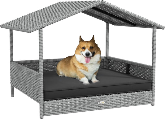 PawHut Wicker Dog House Outdoor with Canopy, Rattan Dog Bed with Water-Resistant Cushion, Raised Dog Bed for Small, Medium Dogs up to 66 lbs, 19.75" in Length, Silver Wicker, Gray Cushion