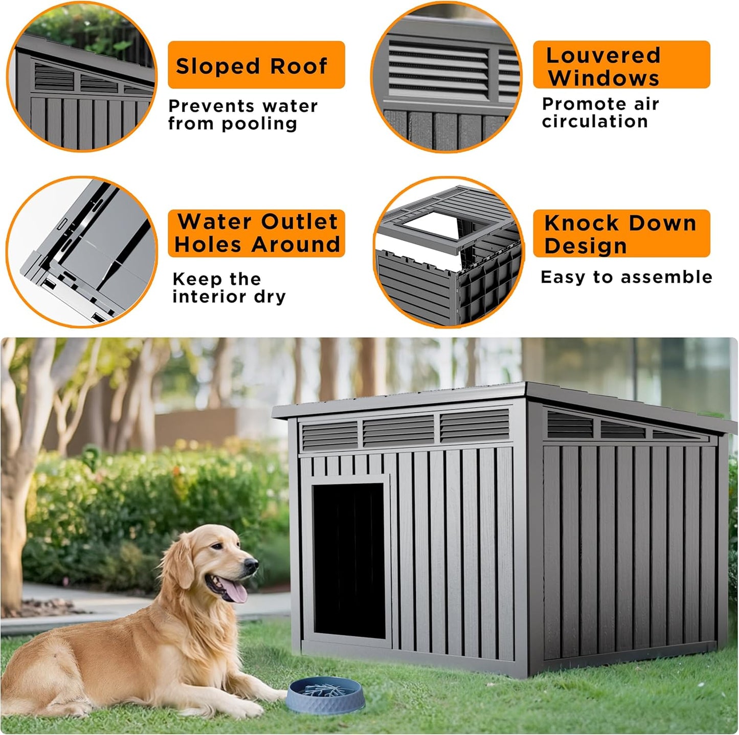 DRATO Dog House for Both Indoor and Outdoor with Weatherproof Roof Removable Floors for Medium to Large Dogs Interior Space (Gray, Medium(32.2 * 25.12 * 24.13''))