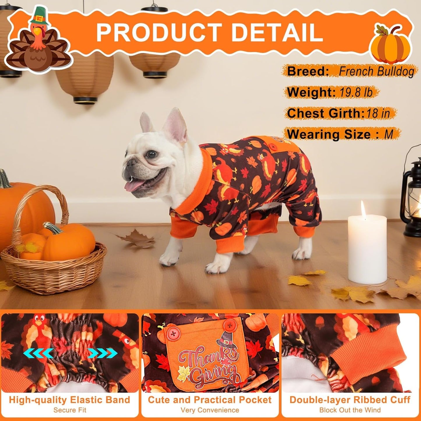 BEAUTYZOO Dog Thanksgiving Pajamas Medium Sized Dog, Fleece Funny Ghost Pumpkin Costumes for Dogs, Soft Stretchable Doggy Onesie with Feet, Pet Apparel Clothes for Large Dogs Boy Girl, Orange M