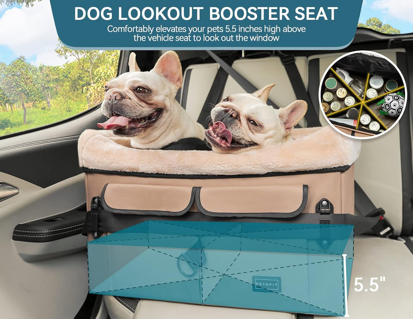 Petsfit Dog Booster Car Seat for Medium Dog or 2 Small Dogs with Patent Buckles, Washable Pad, Upgraded Pet Car Seat for Dogs Up to 45 lbs (Medium, Tan)