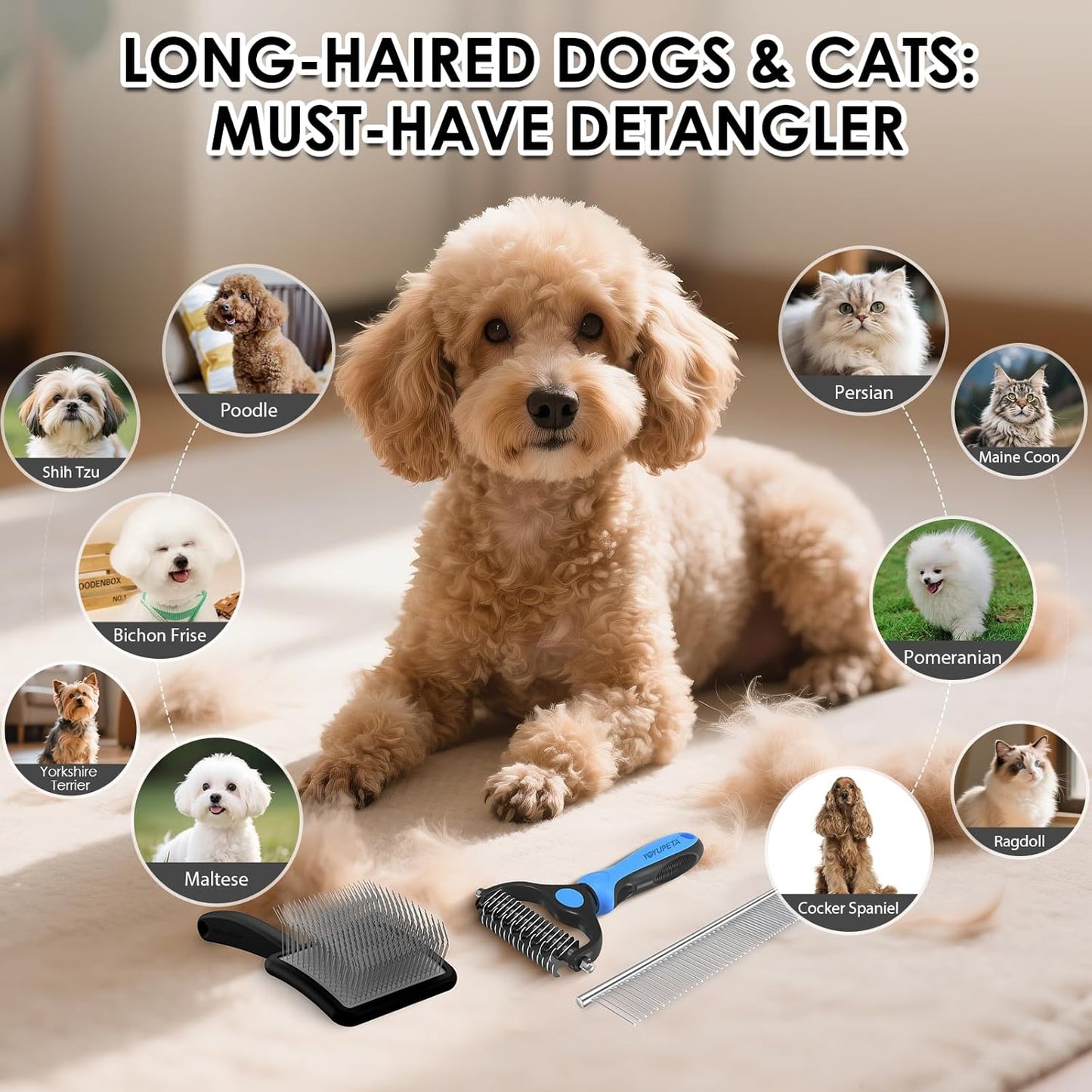 Large Slicker Brush for Dogs - 3PC Pet Grooming Kit - Undercoat Rake & Stainless Comb | Long Pins Remove Mats on Poodles, Golden, Labradoodles | Thick Coat Deshedder for Dogs, Cats, Black