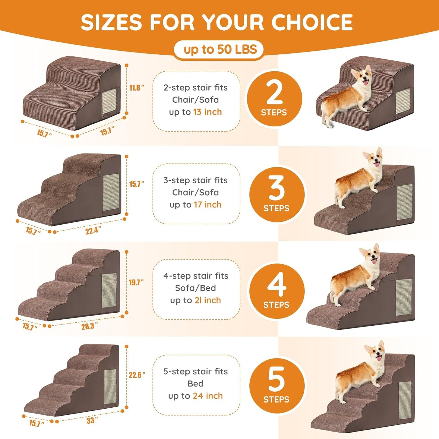 Pet Stairs, Dog Stairs for Small Dogs, Dogs Steps, 5-Step Curved Dog Ramp for Bed, Couch, Sofa, Car and Chair, Non-Slip Bottom Design, Cat Scratching Board, High Density Foam Portable Pet Step, Coffee