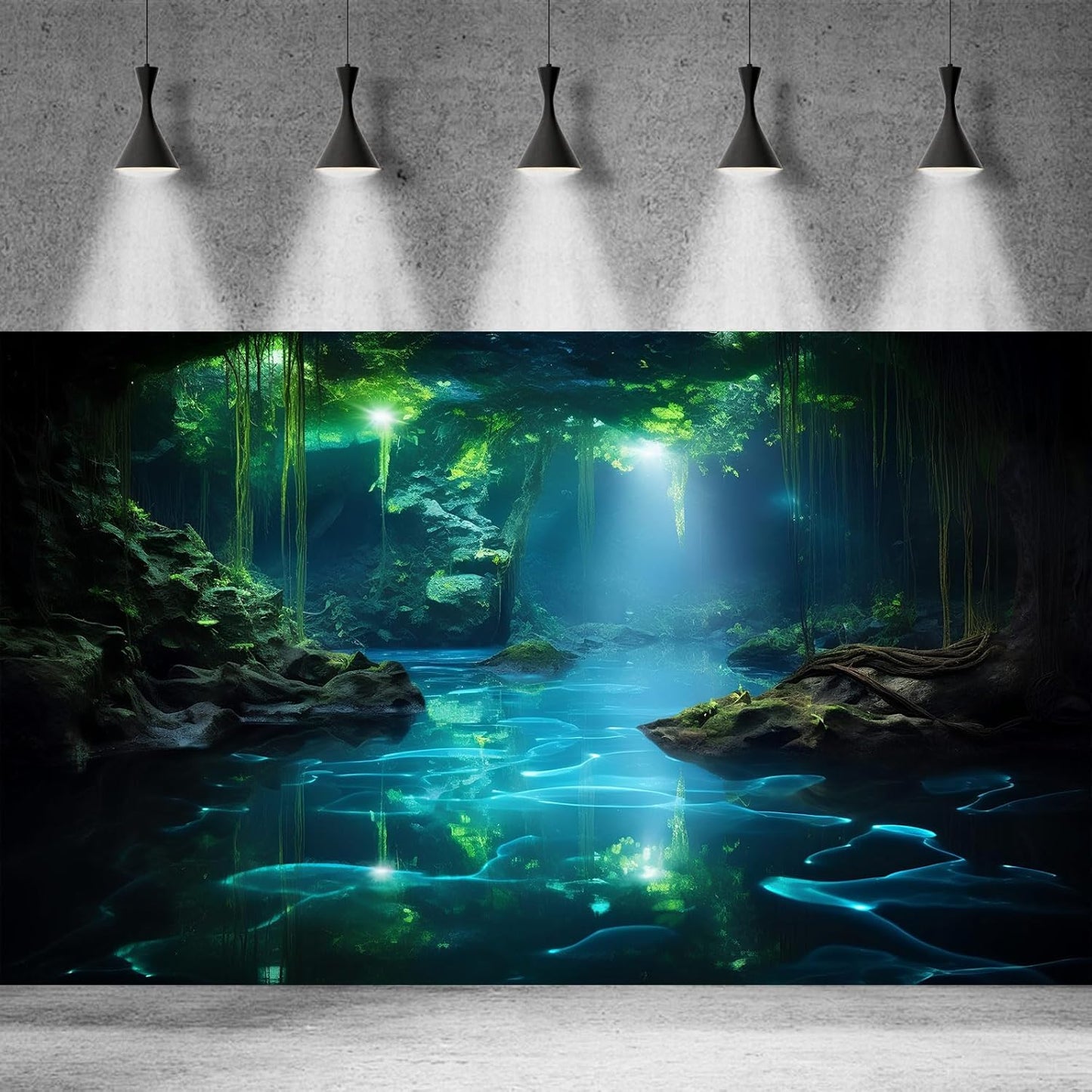 Cave Aquarium Background Underwater Cave with Light Beam Tranquil Stream Terrarium Background Mysterious Elegant Fantasy Tropical Plants Fish Tank Backdrop Wallpaper Poster Decorations Vinyl 48x18in