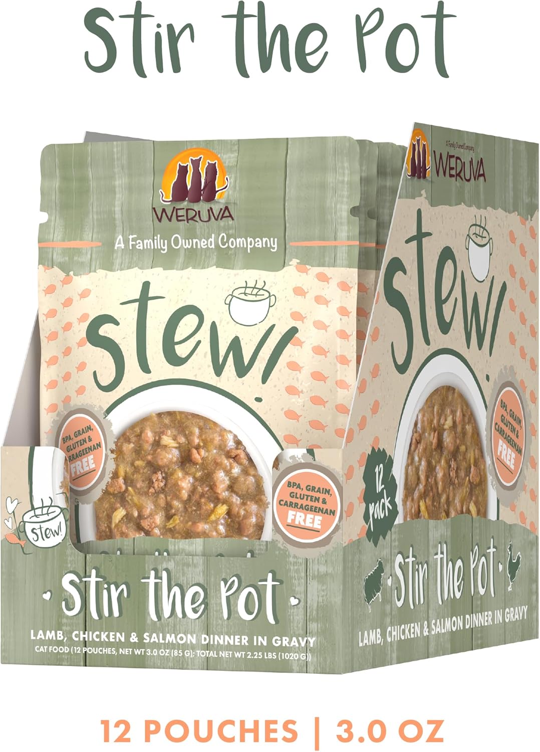 Weruva Classic Cat Stews!, Stir The Pot with Lamb, Chicken & Salmon in Gravy, 3oz Pouch (Pack of 12)