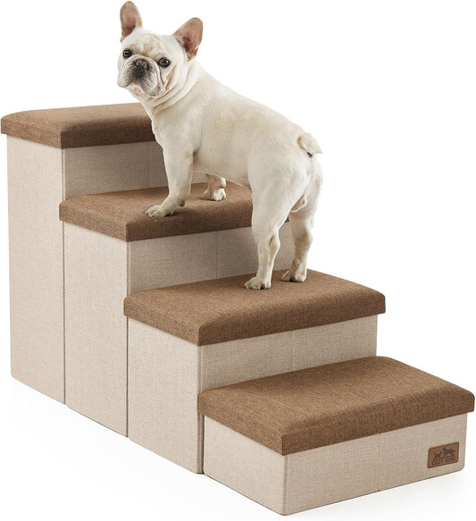 Dog Stairs with Storage, 4-Step Wider Sturdy Dog Steps for Small/Medium/Large Dogs and Older Cats, Folding Doggie Ramp for Bed/Couch/Car Hold Up to 180 lbs (22" H, Brown)