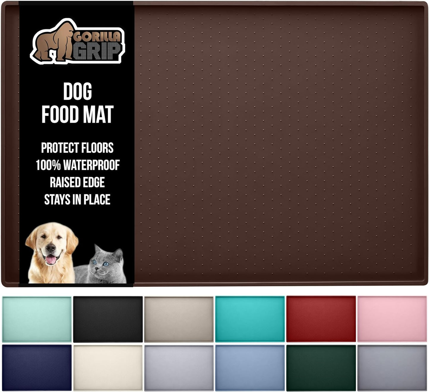 GORILLA GRIP 100% Waterproof Raised Edge BPA Free Silicone Pet Feeding Mat, Dog Cat Food Mats Contain Spills Protects Floors, Placemats for Cats and Dogs Water Bowl, Pets Accessories 16x10, Brown