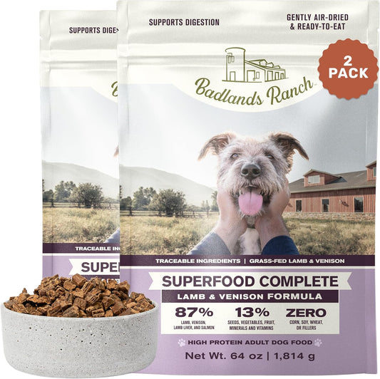 BADLANDS RANCH by Katherine Heigl- Superfood Complete, Air-Dried Adult Dog Food - High Protein, Zero Fillers, Superfood Nutrition (64 Ounce (Pack of 2), Lamb & Venison)