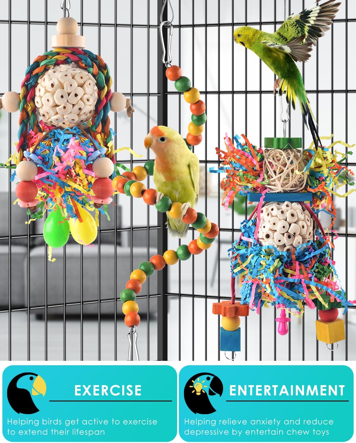Bissap Conure Toys, 3 PCS Parrot Foraging Shredder Hanging Toys Sola Balls with Sand Hammer Perch Swing Climbing for Small Parrots Parakeets Conures Cockatiels Love Birds Cage Toy