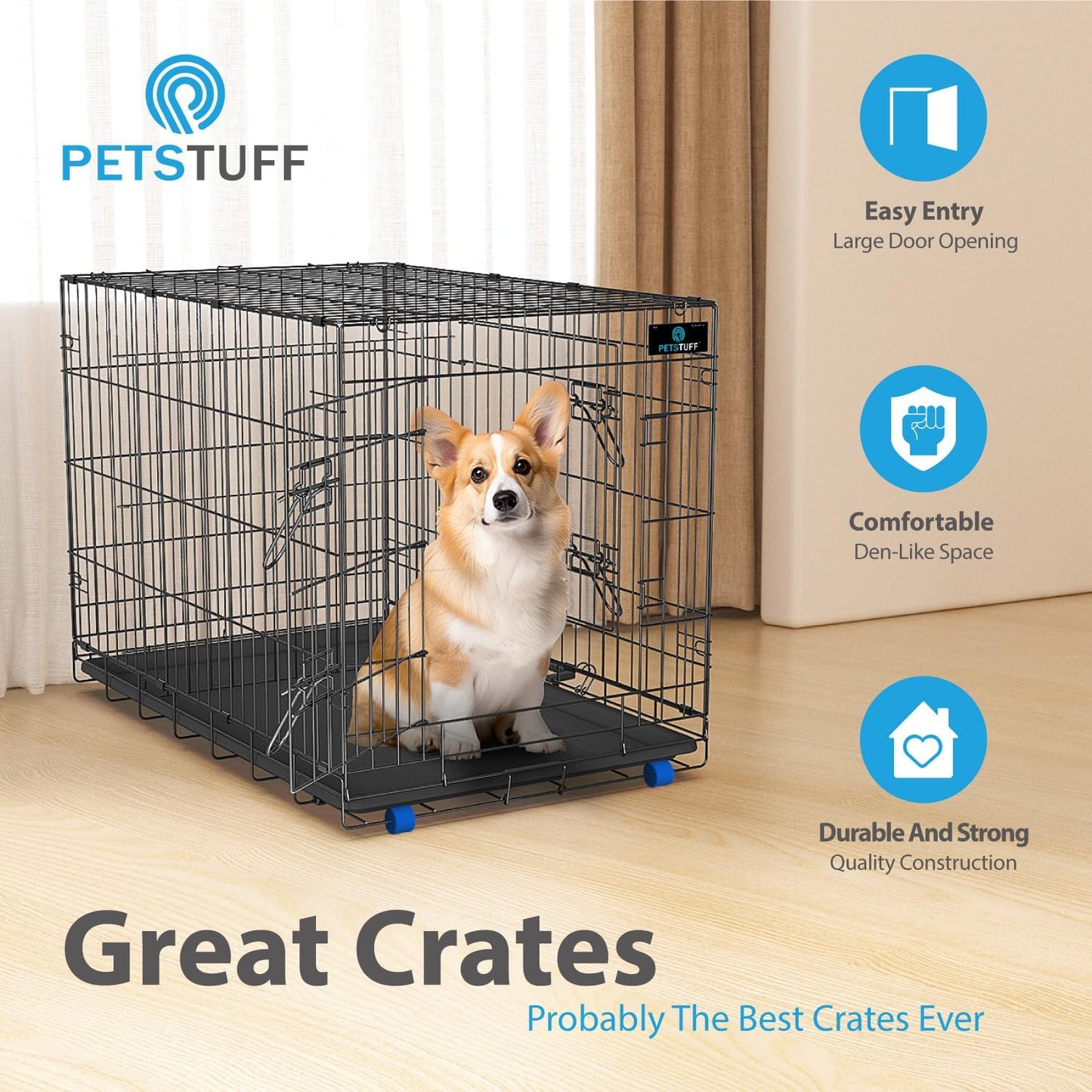 PetsTuff Great CRATES 36” Large Dog Crate - Heavy-Duty Dog Kennel with Divider Panel for Pets 40-60lbs - Durable Leaf-Proof Tray - Foldable, Carry Handle & Wheels for Easy Moving - Two-Door Dog Cage