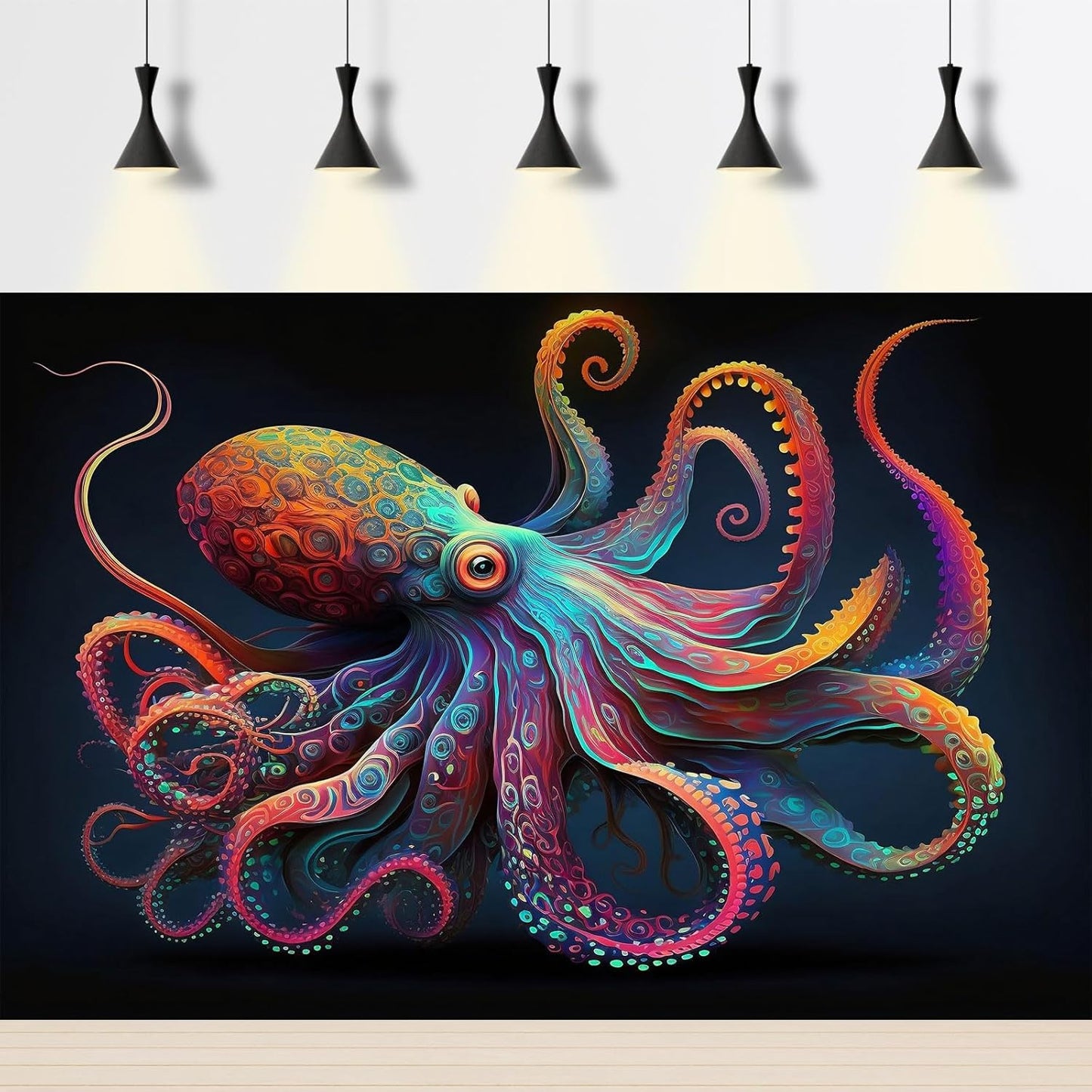 Exquisite Octopus Aquarium Background Abstract Colorful Octopus Terrarium Background Glowing Octopus on Black Background Fish Tank Backdrop Octopus Backdrops Poster Wallpaper Decors Vinyl 48x24in