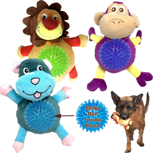 Jalousie Dog Squeaky Toys Value Set Non-Toxic Squeaky Balls Toss Fetch TPR Rubber Puppy Toys Spikey Dog Chew Toy for Small Medium Breed Pet Toys for Puppy (3 Pack 2-in-1 Plush)