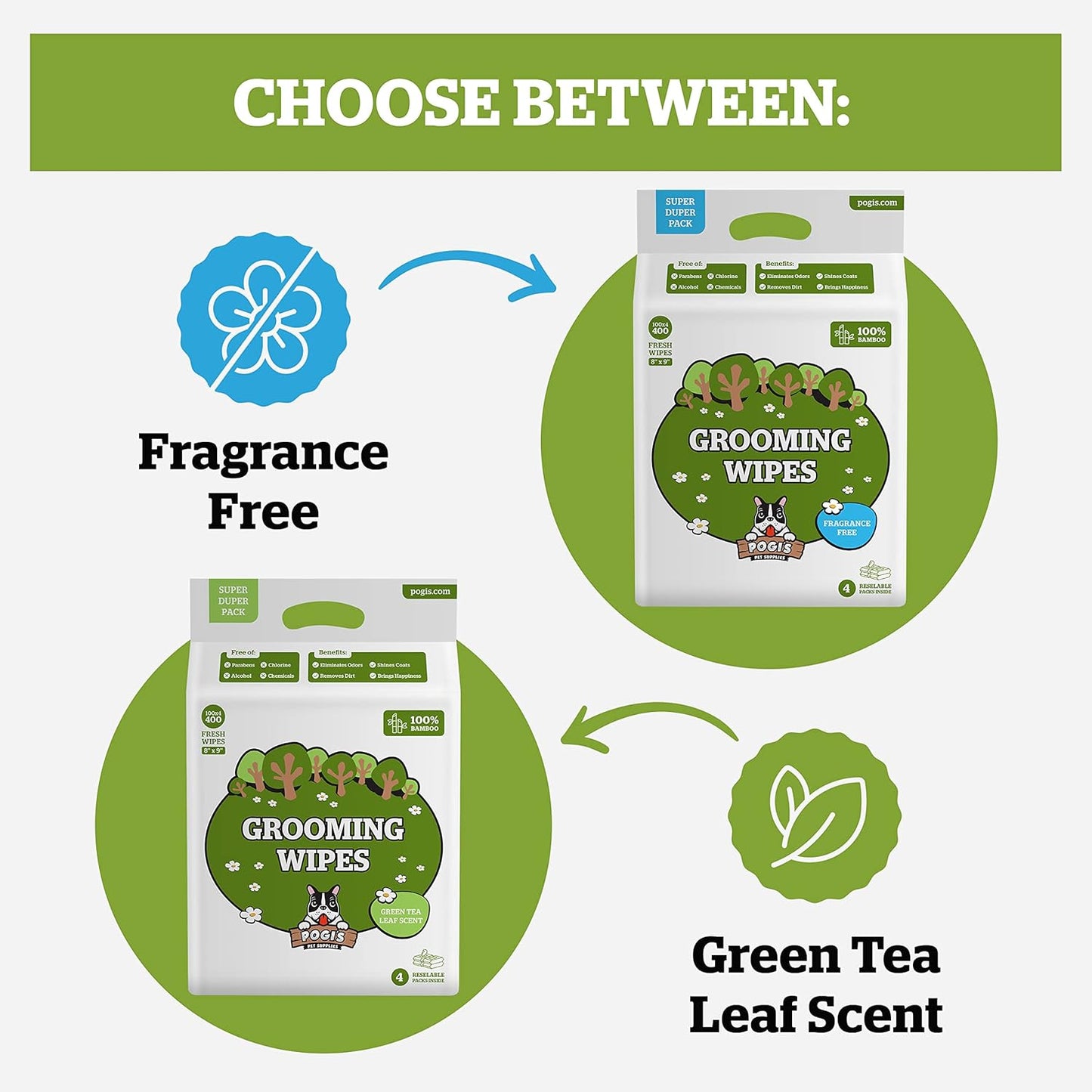 Pogi’s Dog Grooming Wipes – Hypoallergenic Pet Wipes for Paws, Body & Butt – Cleaning & Hydrating, Green Tea Scent, 400-Count