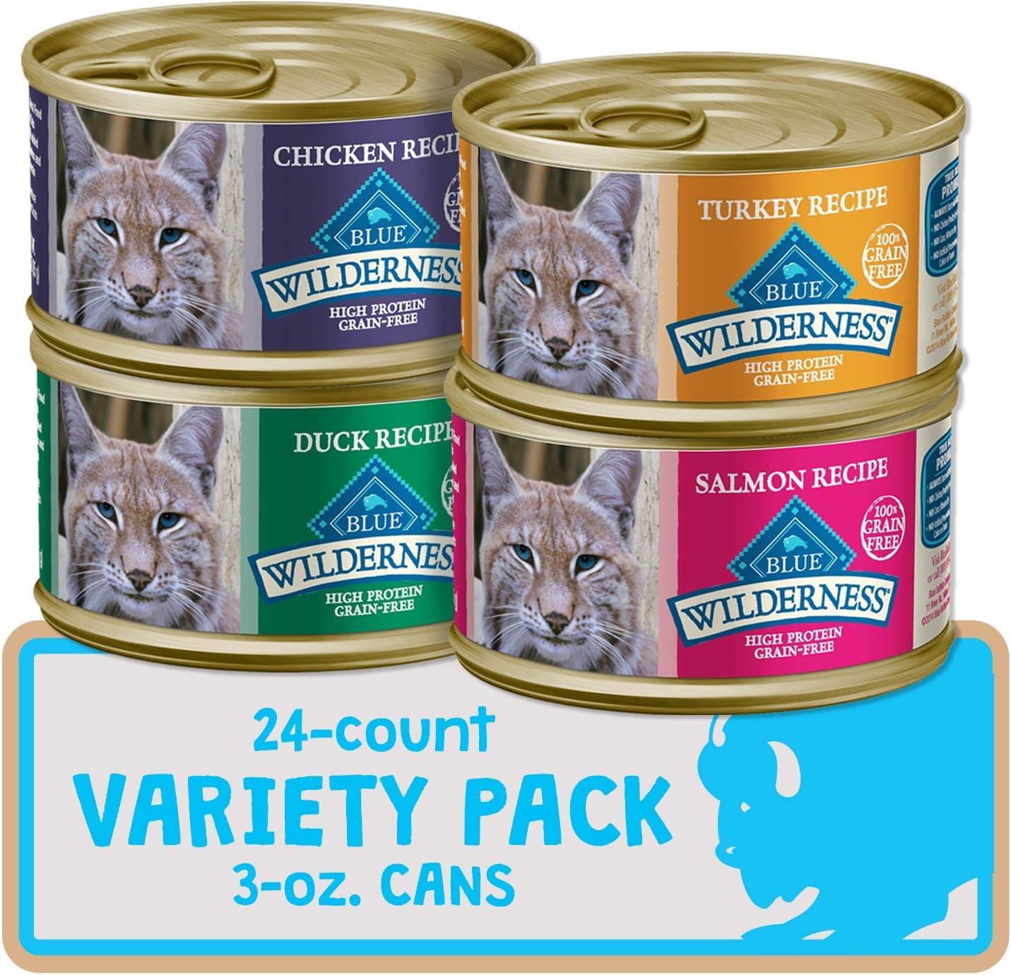 Blue Buffalo Wilderness High Protein Grain Free, Natural Adult Pate Wet Cat Food Variety Pack, Chicken, Salmon, Duck, and Turkey, 3-oz Can, 24 Count