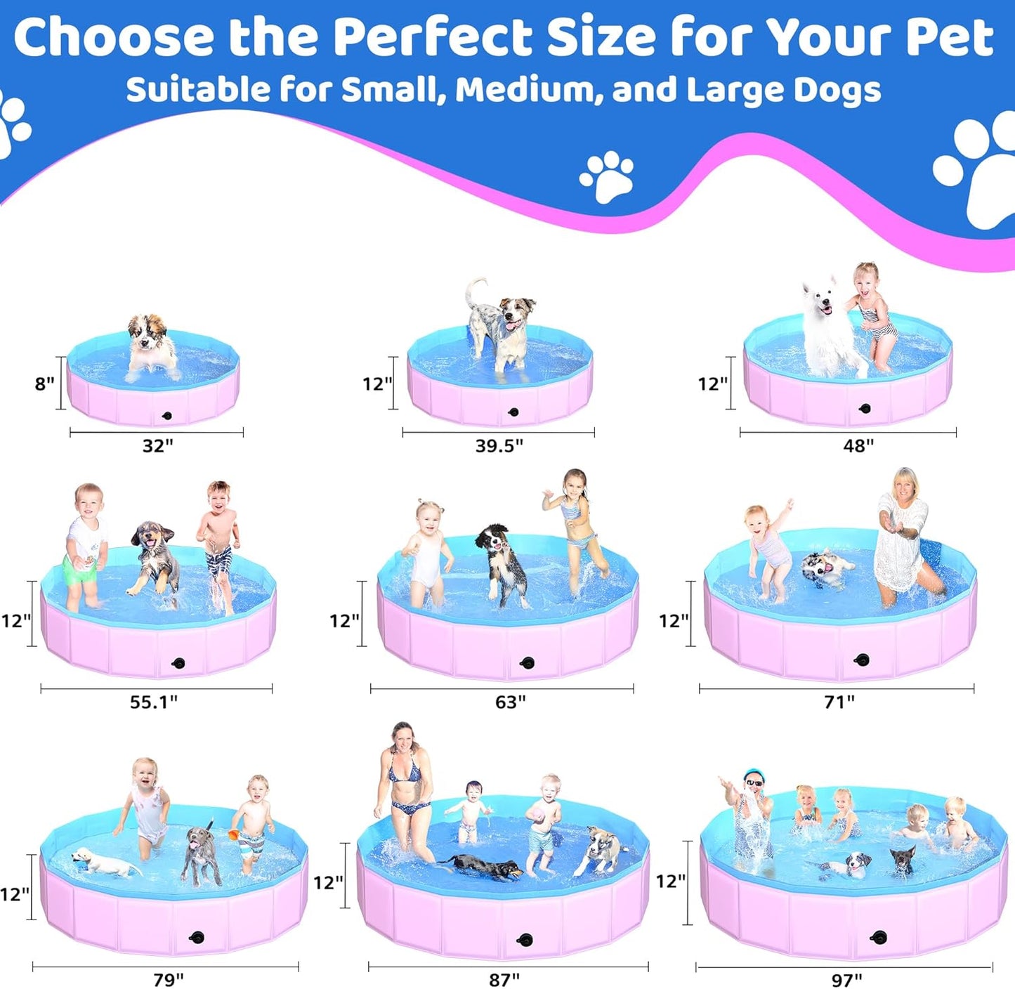 2025 Updated Foldable Dog Pool, 47" x 12" Kiddie Pool with Hard Plastic, Non-Slip Dog Bath Tub for Outdoor Backyard, Collapsible Dog Swimming Pool for Kids Dogs Pets (Pink)