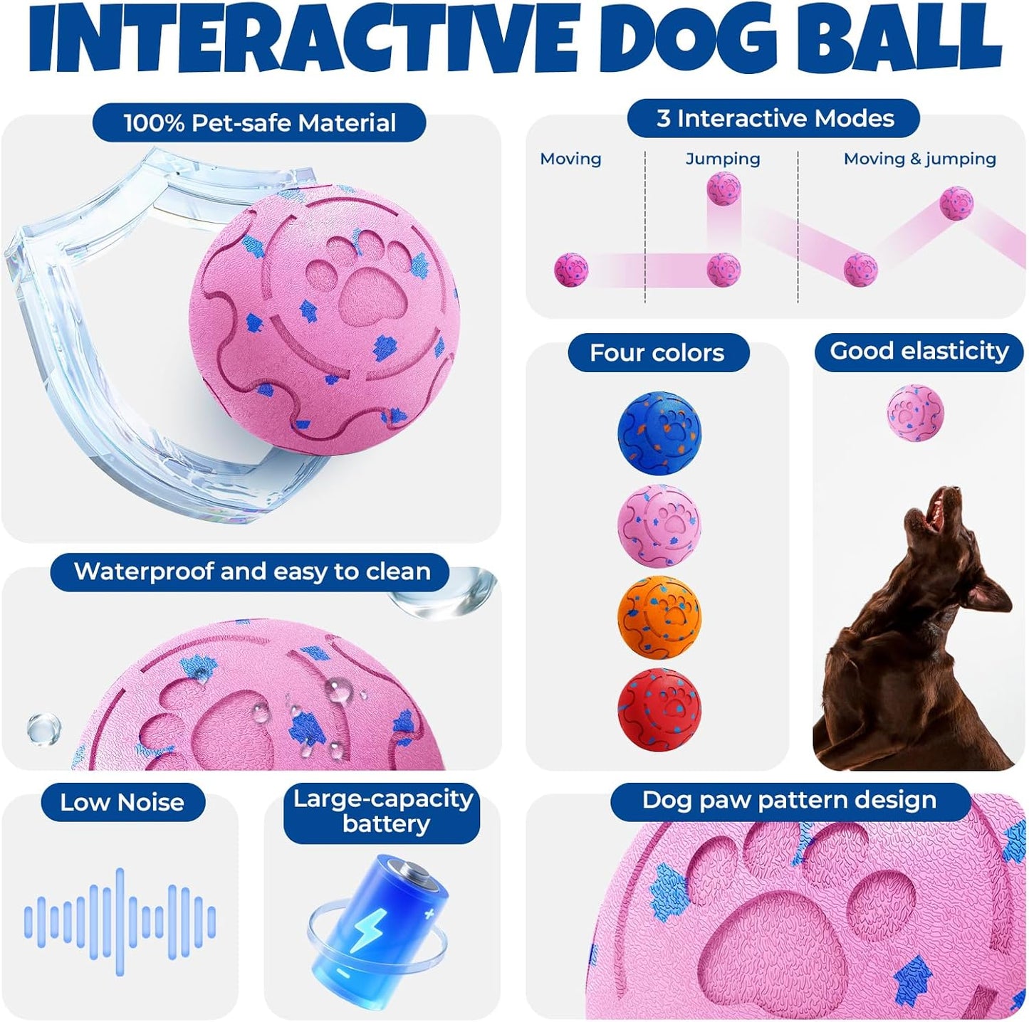 Dog Balls: Interactive Dog Ball Auto Rolling - Interactive Dog Toys for Aggressive Chewers - Bouncy & Throwable, Type-C Rechargeable, Washable, for Small & Medium & Large Dogs – Pink