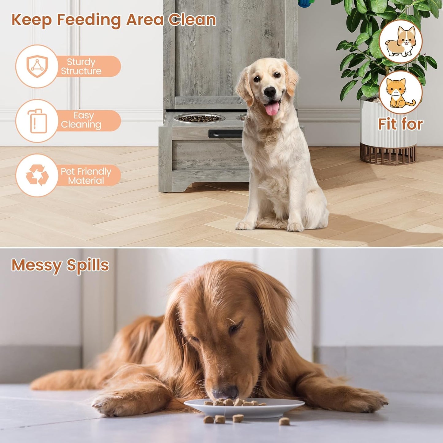 Dog Feeding Station with Storage - Large Capacity Dog Food Storage Cabinet with 2 Removable Stainless Steel Bowls, Flip Top Pet Food Container Toy Storage Organizer - Grey