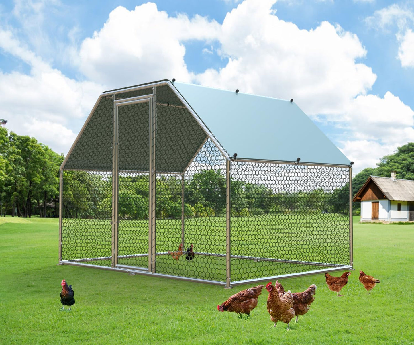 1.26’’ Large Metal Chicken Coop Walk in, Chicken Pen for Chickens, Outdoor Chicken Runs Coops Dog Kennel, Flat Roofed Chicken Runs for Yard with Anti-Ultraviolet Cover (9.2’L x6.2’W x6.4’H)