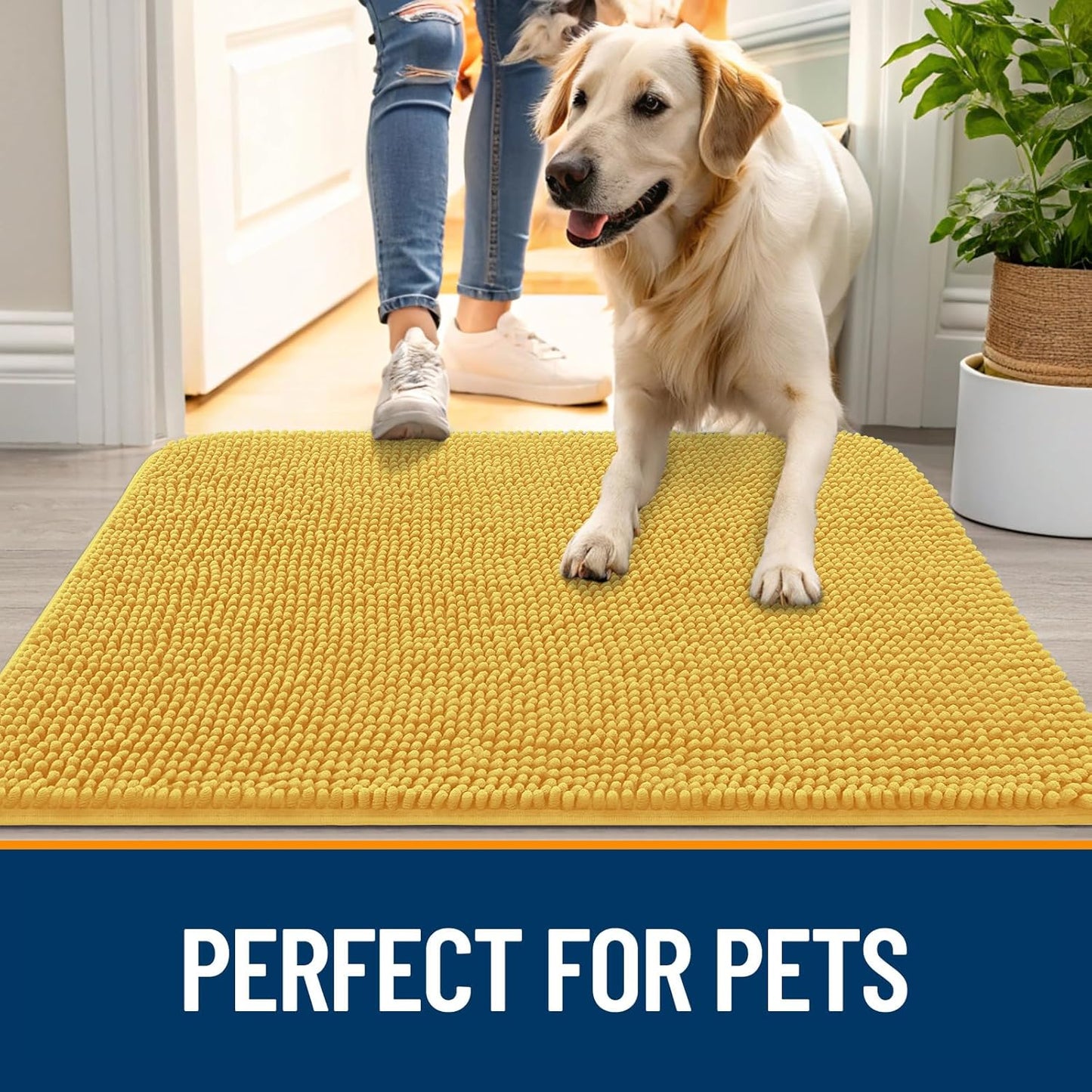 OLANLY Dog Door Mat for Muddy Paws 47x32, Absorbs Moisture and Dirt, Absorbent Non-Slip Washable Doormat, Quick Dry Chenille Mud Mat for Dogs, Entry Indoor Entryway Carpet for Inside Floor, Yellow