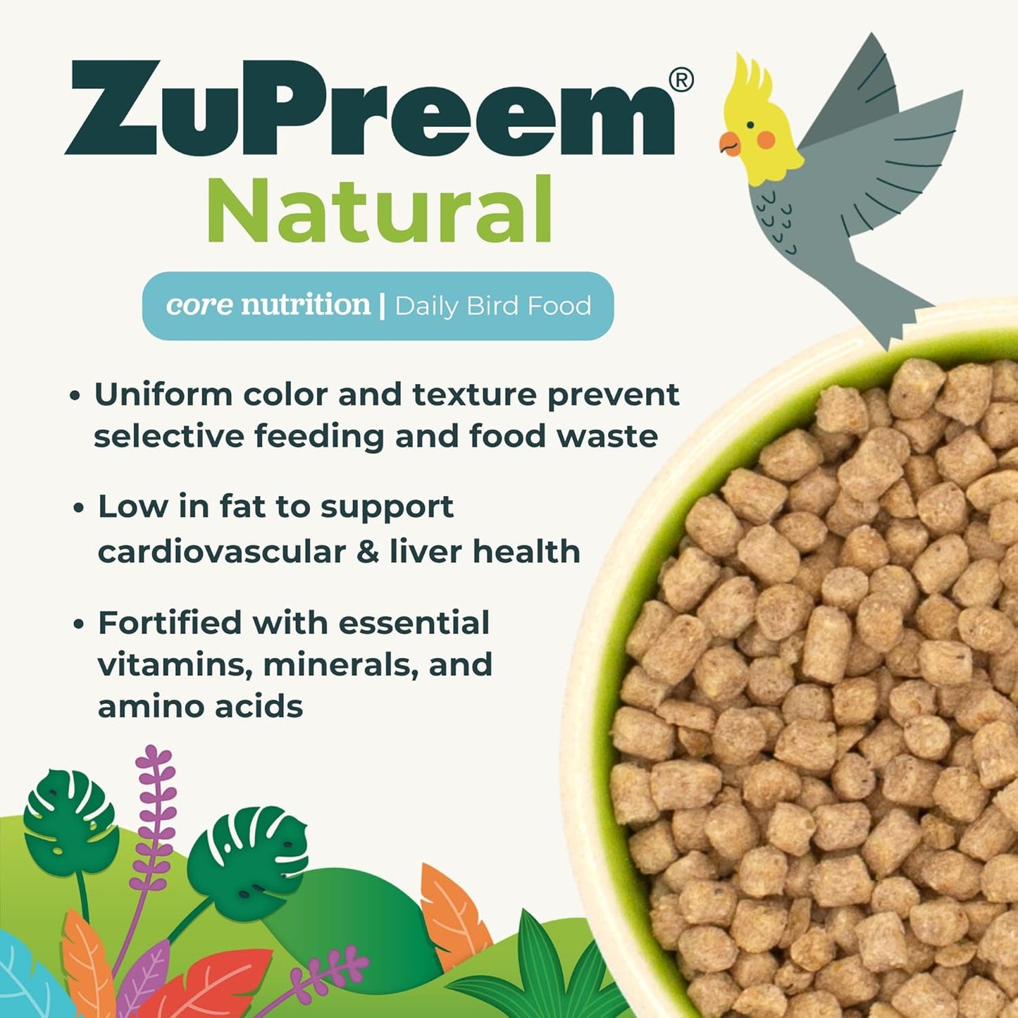 ZuPreem Natural Bird Pellets, Daily Bird Food for Cockatiel, Lovebird, Quaker, Small Conure, Lorikeet, Core Nutrition for Medium Birds, Added Vitamins, Cockatiel Pellets (M, 2.5 lbs)