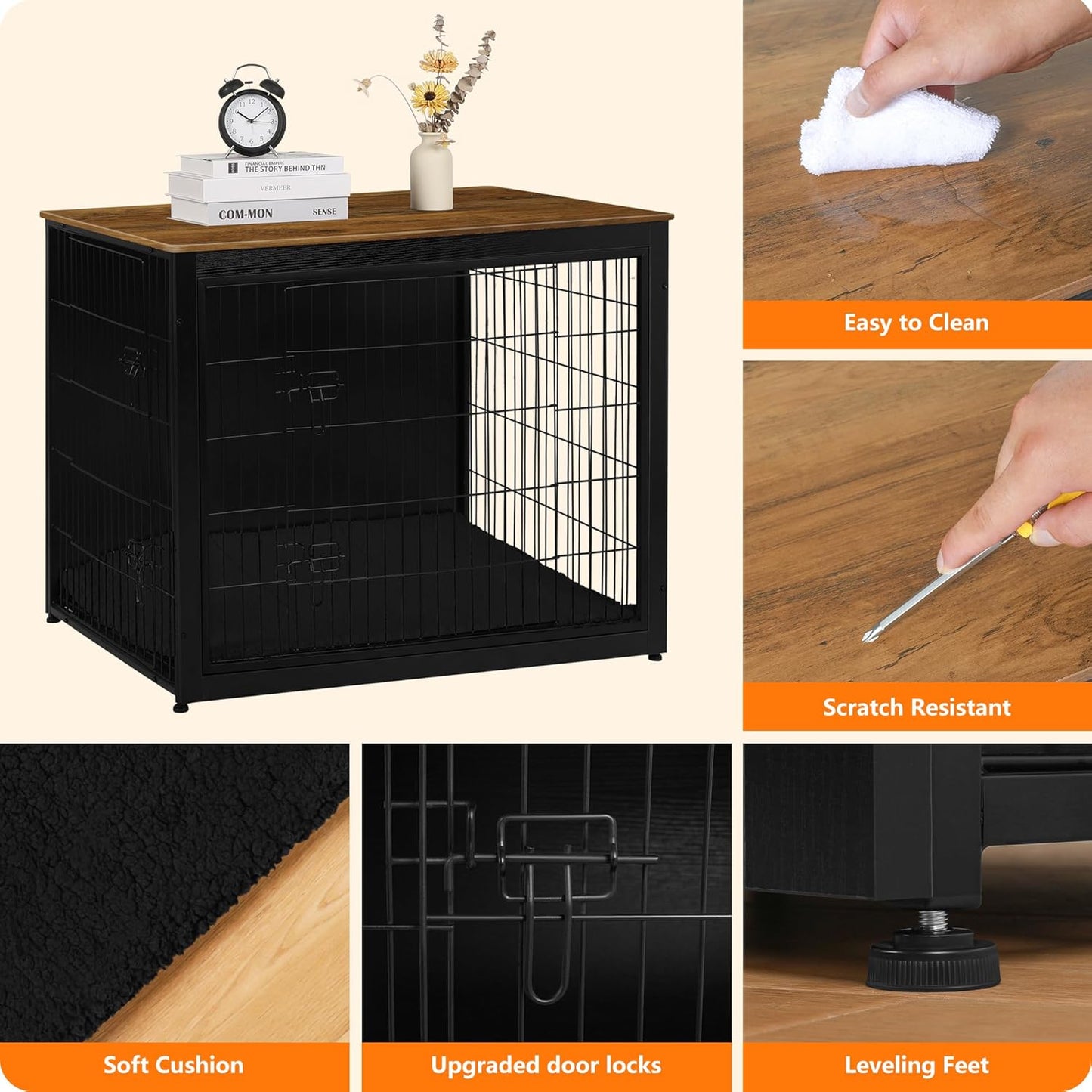 DWANTON Dog Crate Furniture with Cushion, Wooden Kennel Table with Double Doors, Indoor Dog House, Extra Large Size, 43.3" L, Black+Warm Brown