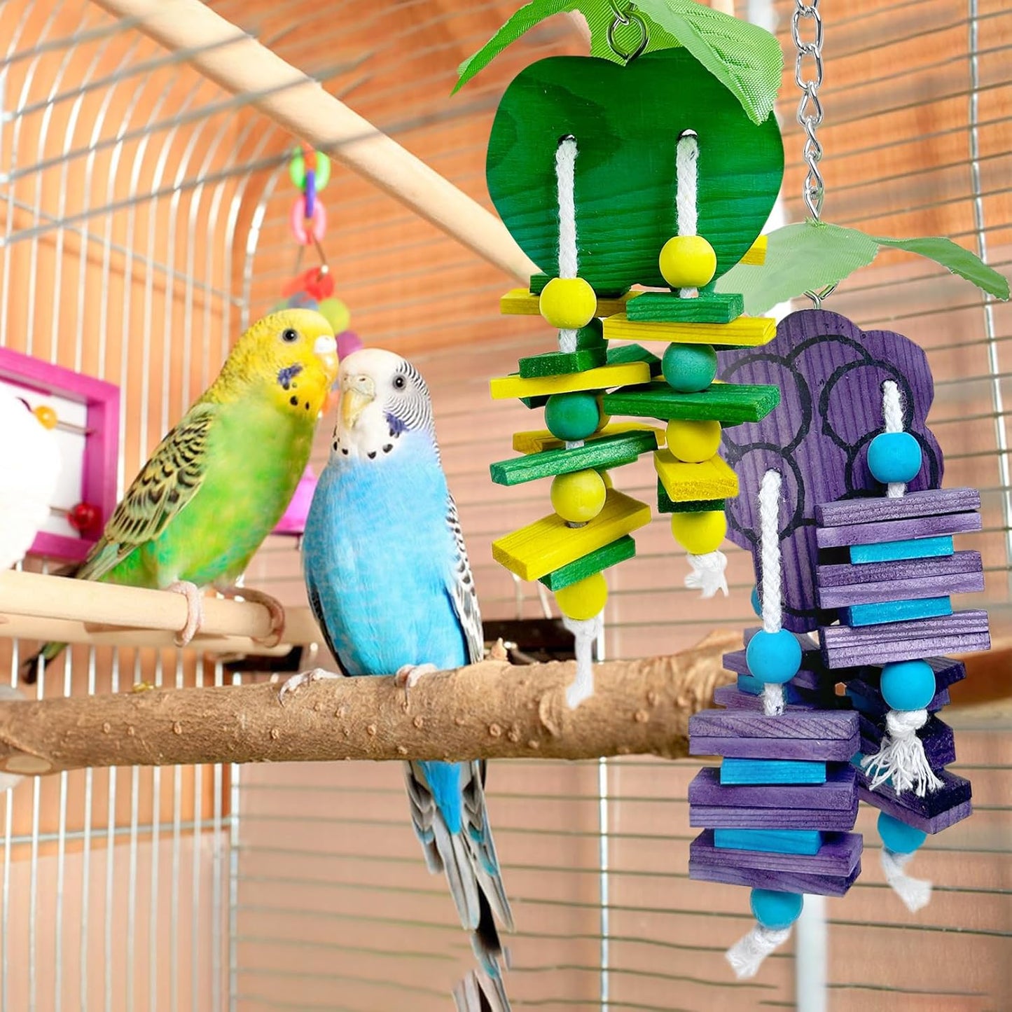 Hamiledyi Natural Wood Block Bird Cage Toys Parrot Chewing Toy Orange&Apple& Banana&Grapes Shaped Hanging Foraging Toy for Small&Medium Birds Parakeets Cockatiels,4pcs