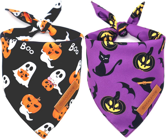 Realeaf Halloween Dog Bandanas 2 Pack, Reversible Orange Pumpkin Pet Scarf for Boy and Girl, Premium Durable Fabric, Holiday Bandana for Small Medium Large and Extra Large Dogs (X-Large)