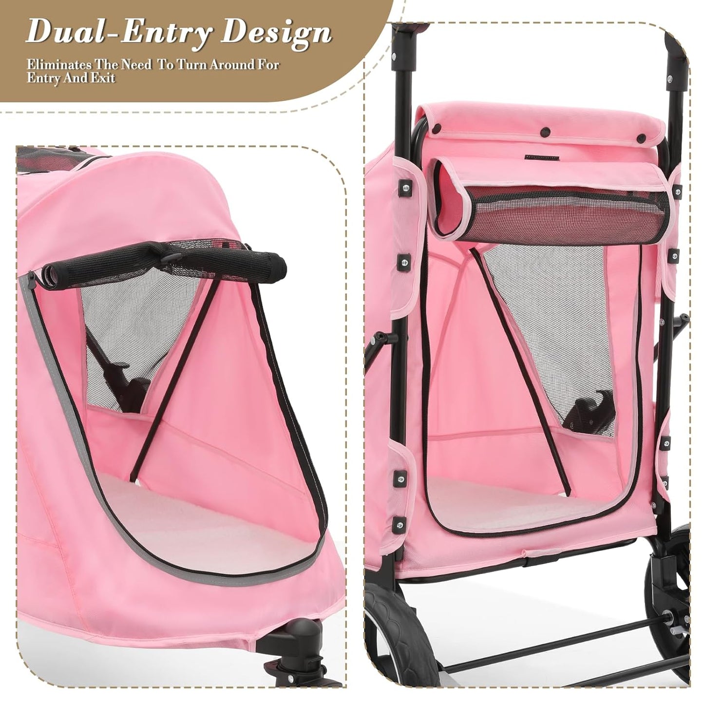 Athena Collection 3 Wheels Pet Stroller Fabric Dog Cart Dog Stroller for Large Dogs 55 Lbs Pet Stroller with Mesh Windows, Zipper Back Pocket, Safety Tether, Angle Adjustable Handlebar, Pink