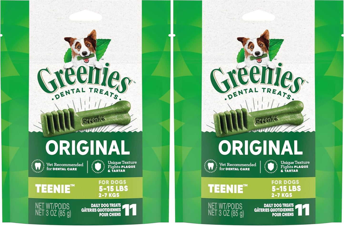 Greenies Original Teenie Natural Dental Care Dog Treats, 3 oz. Pack (11 Treats) (Pack of 2)
