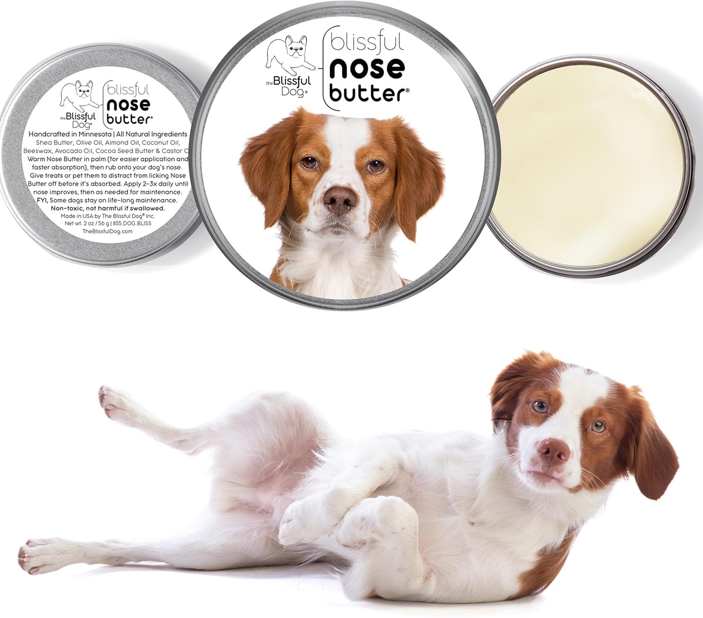 The Blissful Dog Brittany Spaniel Nose Butter for Dry, Cracked Skin, Lick-Safe Dog Nose Balm with Moisturizing Shea Butter, Almond, Olive, and Essential Oils, Pet Supplies, Uncented, 2 oz.