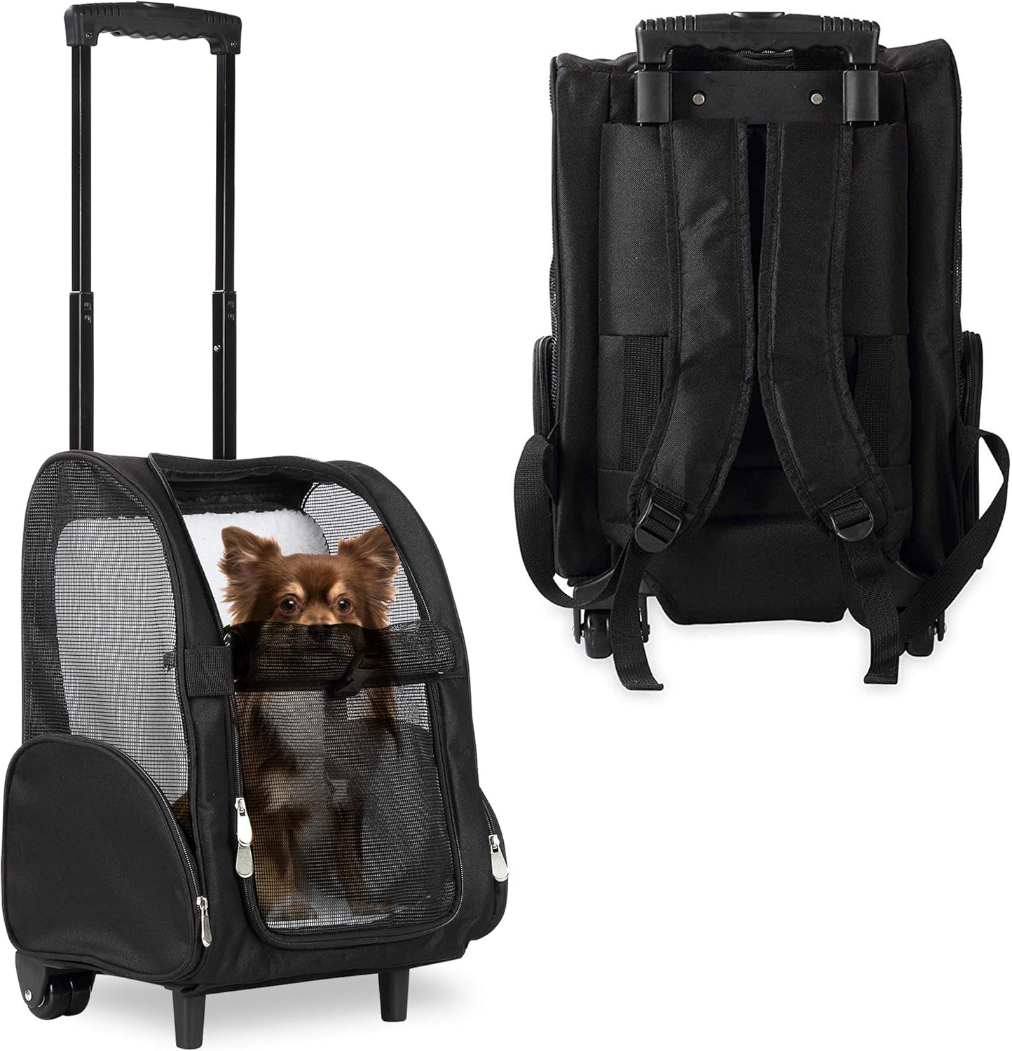 KOPEKS Deluxe Backpack Pet Travel Carrier with Double Wheels for Pets up to 10 Pounds - Black - Approved by Most Airlines