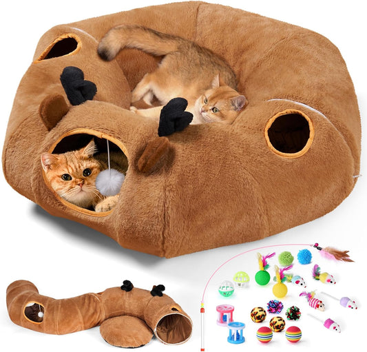 Odoland Reindeer Cat Tunnels Bed with 20 Kitten Toys for Indoor Cats, Plush Cats Couch Tunnel Bed - Kittens Cave Donut Tunnel - Detachable Soft Cat Bed and Variety Kitty Toy Set