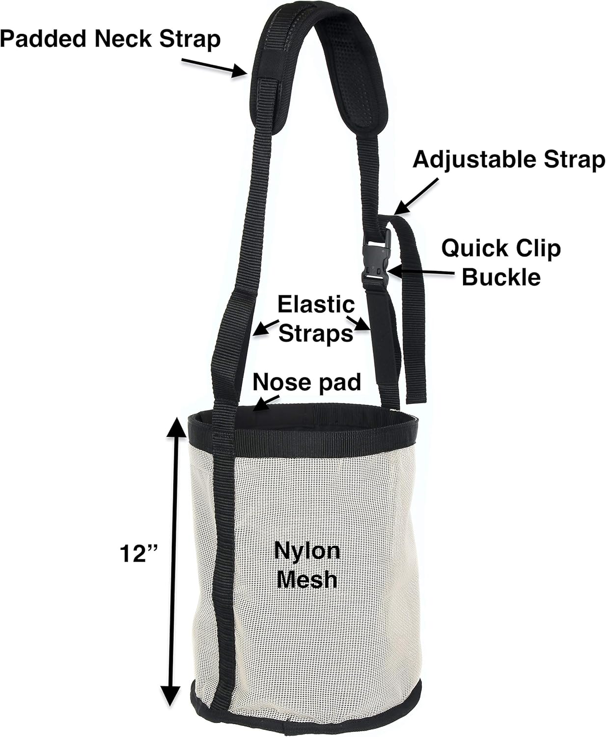 Majestic Ally Horse Feed Bag, Heavy Duty Nylon Mesh Grain Feed Bag, Adjustable Strap with Durable Snap and Elastic Straps, Comfort Neck Pad and Nose Pad- Large (Full, Beige)