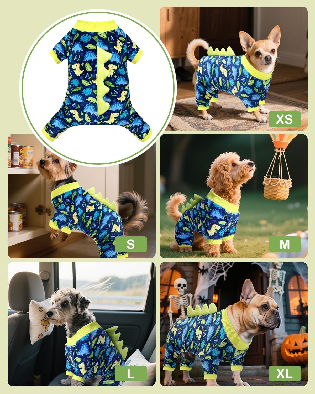 CuteBone Dinosaur Costume Dog Pajamas, Stretchy Spandex Crystal Velvet Sleepwear Coat for Small Dogs, Soft & Warm Pet Outfit Clothes for Cold Weather, Cozy Pullover Design COSP10XS