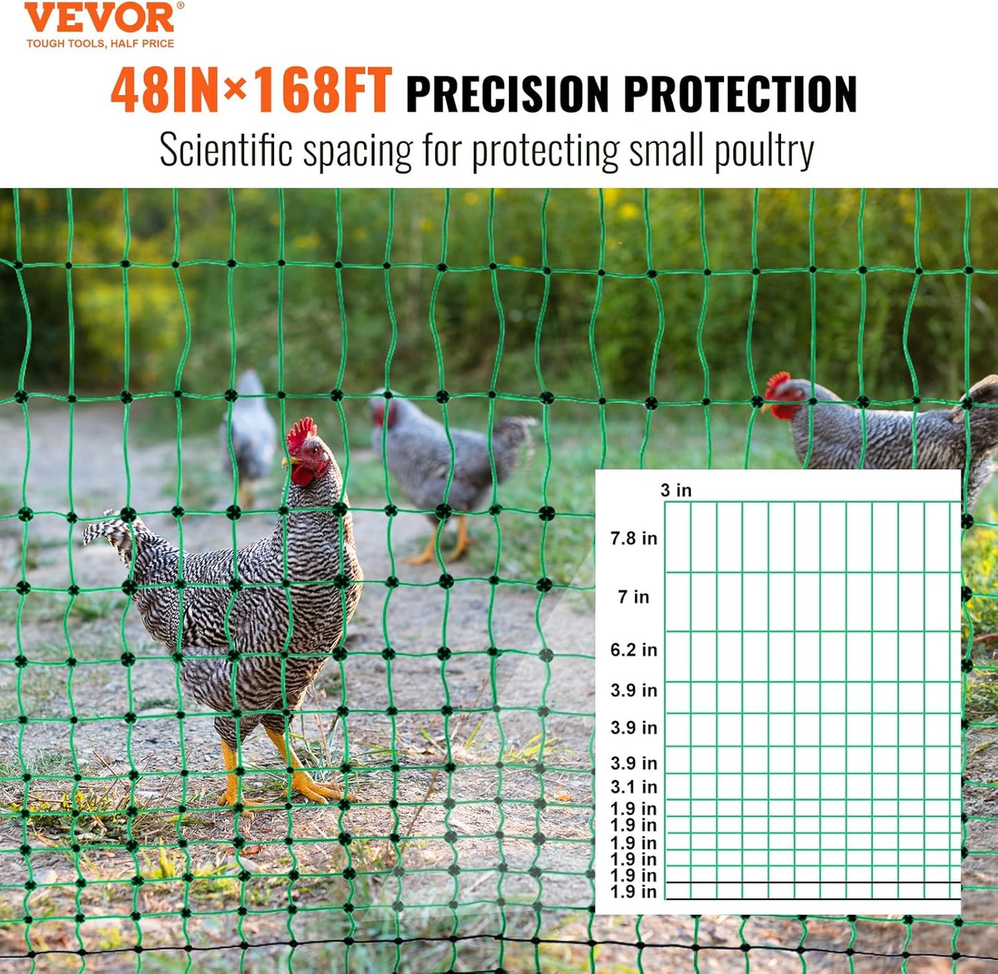 VEVOR Electric Poultry Netting, 48" H x 168' L, PE Net Fencing Kit with Posts & Double-Spiked Stakes, Utility Portable Mesh for Chickens, Ducks, Geese, Rabbits, Used in Backyards, Farms, and Ranches
