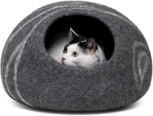 MEOWFIA Cat Cave – Premium Felt Cat Bed for Indoor Cats, Handmade 100% Merino Wool (Large, Dark Grey)