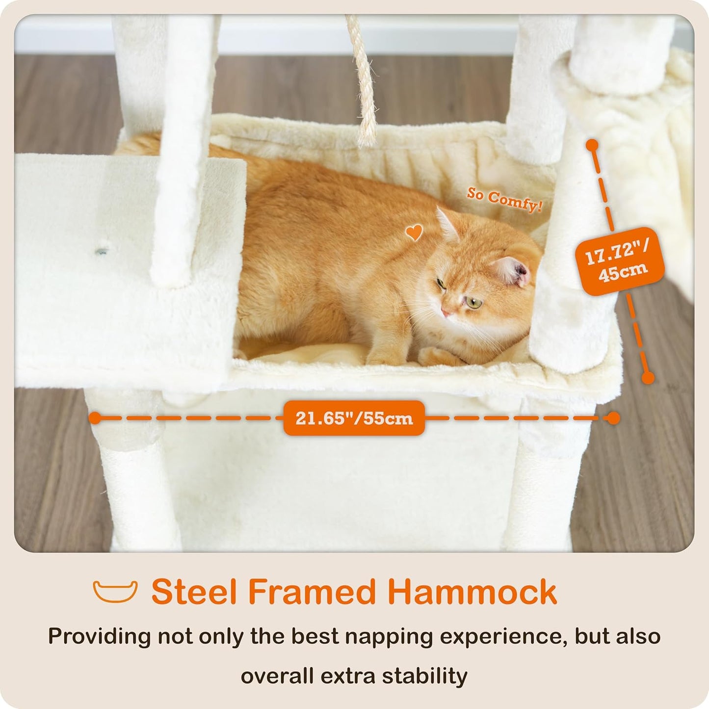 Ouritsu Cat Tree, 56 inch Tall Cat Tower for Large Cat Indoor, Large Condo, 2 Padded Perches, Steel-Framed Hammock, Scratching Post and ramp, Fluffy Basket, Beige, LF001WH