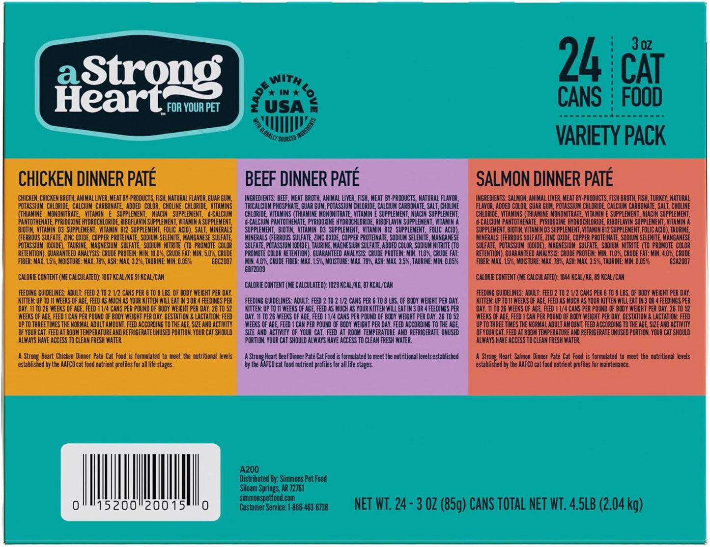 A Strong Heart Canned Wet Cat Food, Chicken, Beef and Salmon Variety Pack - 3 oz Cans (Pack of 24), Made in The USA with Real Chicken, Beef and Salmon