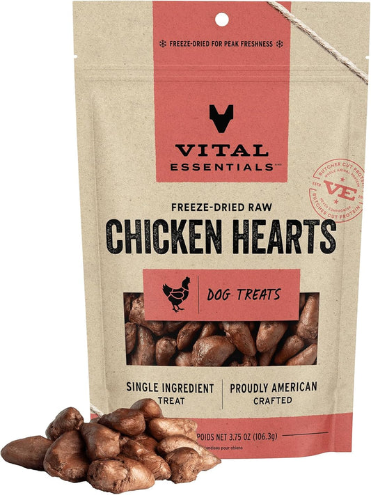 Vital Essentials Chicken Hearts Dog Treats, 3.75 oz | Freeze-Dried Raw | Single Ingredient | Premium Quality High Protein Training Treats | Grain Free, Gluten Free, Filler Free