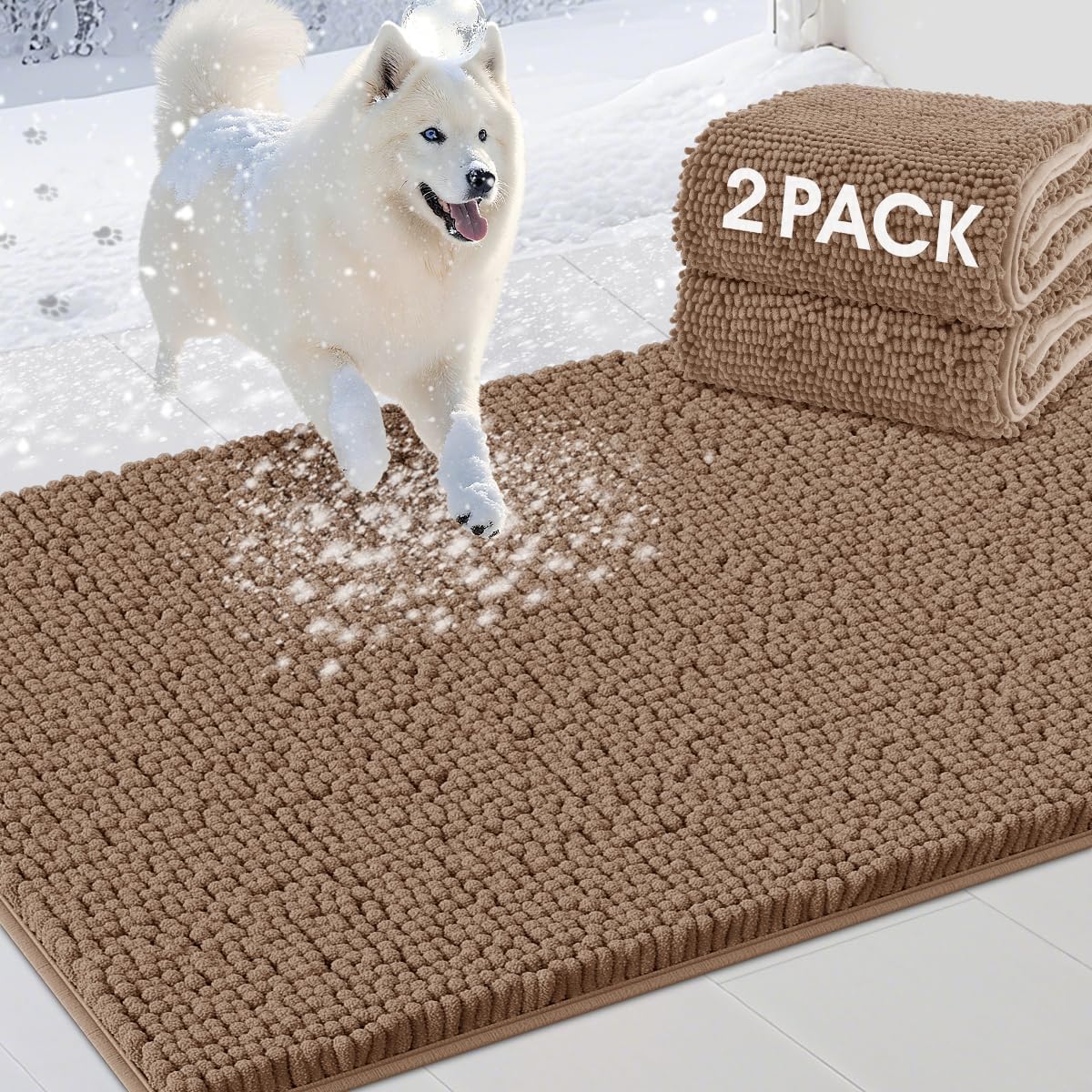 2 Pieces Muddy Door Mats for Dogs, Chenille Absorbent Pet Mats, Quick Dry, Trap Dirt Non Slip Heavy Indoor Doormat Soft Dog Bed Mat Front Inside Door Mat for Indoor Outdoor Entrance,Camel
