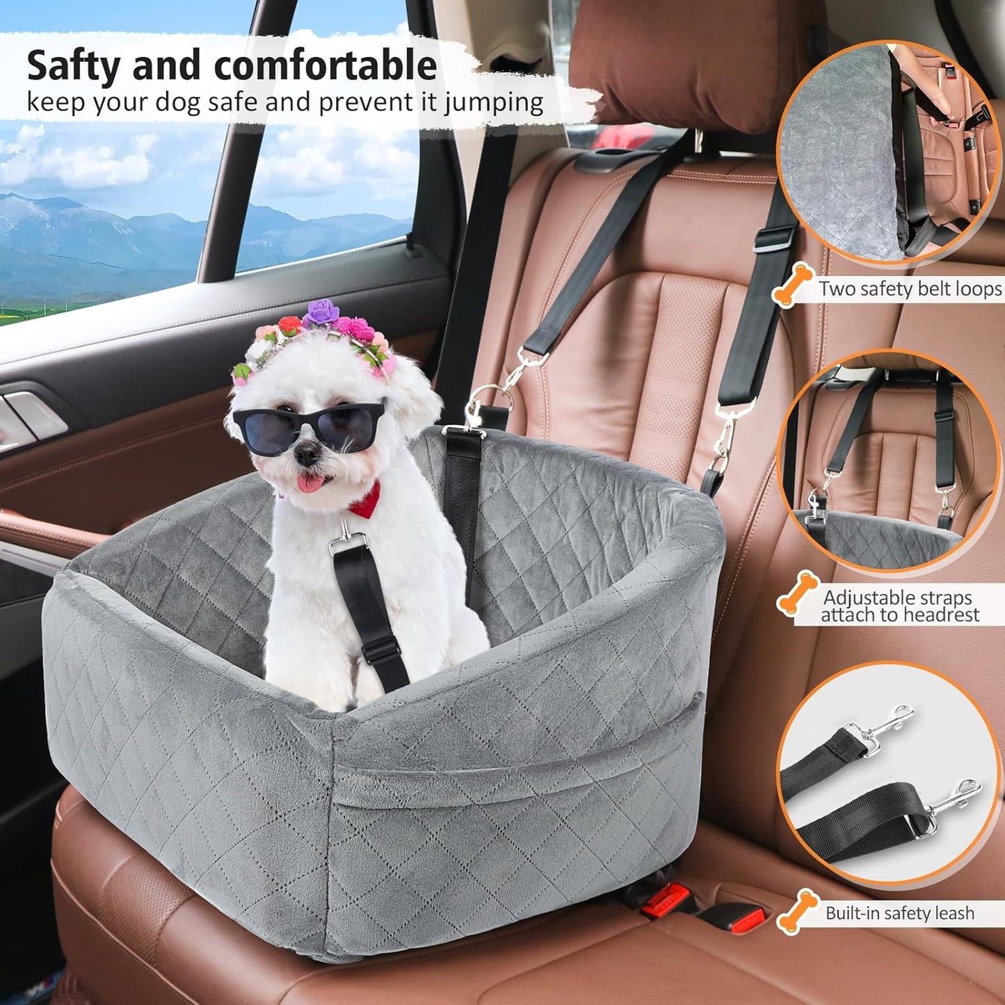 Dog Car Seat for Small Dogs,Detachable Washable Dog Booster Seat for Medium Dogs Under 30lbs, Pet Car Seat Travel Bed with Storage Pockets and Dog Safety Belt (Grey)