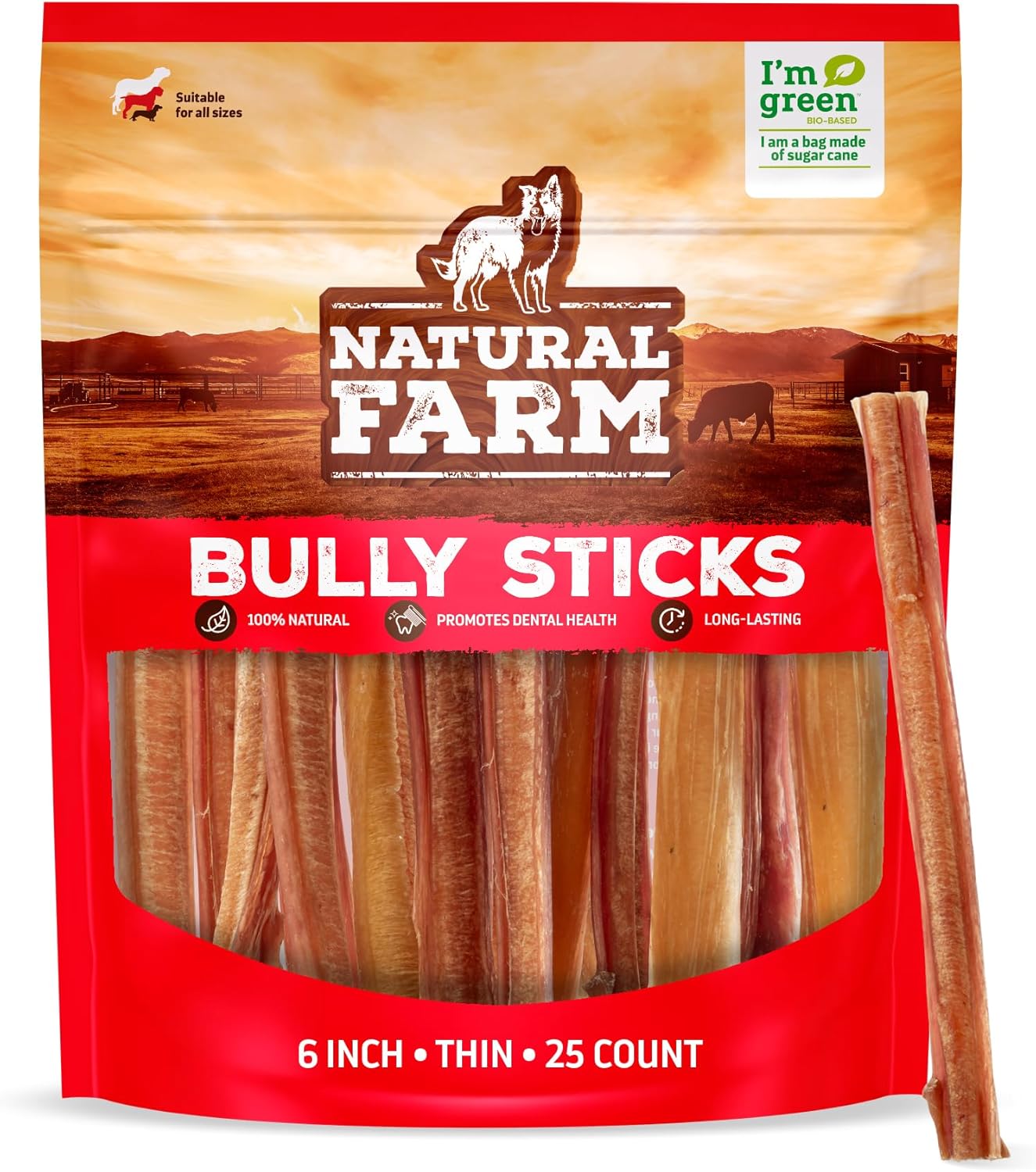 Natural Farm Odor-Free Thin Bully Sticks (6”, 25-Pack) All-Natural Long-Lasting Dog Chews, 100% Beef Pizzle, Grass-Fed, Grain-Free, Protein for Muscle Development & Energy, Perfect for Medium Chewers