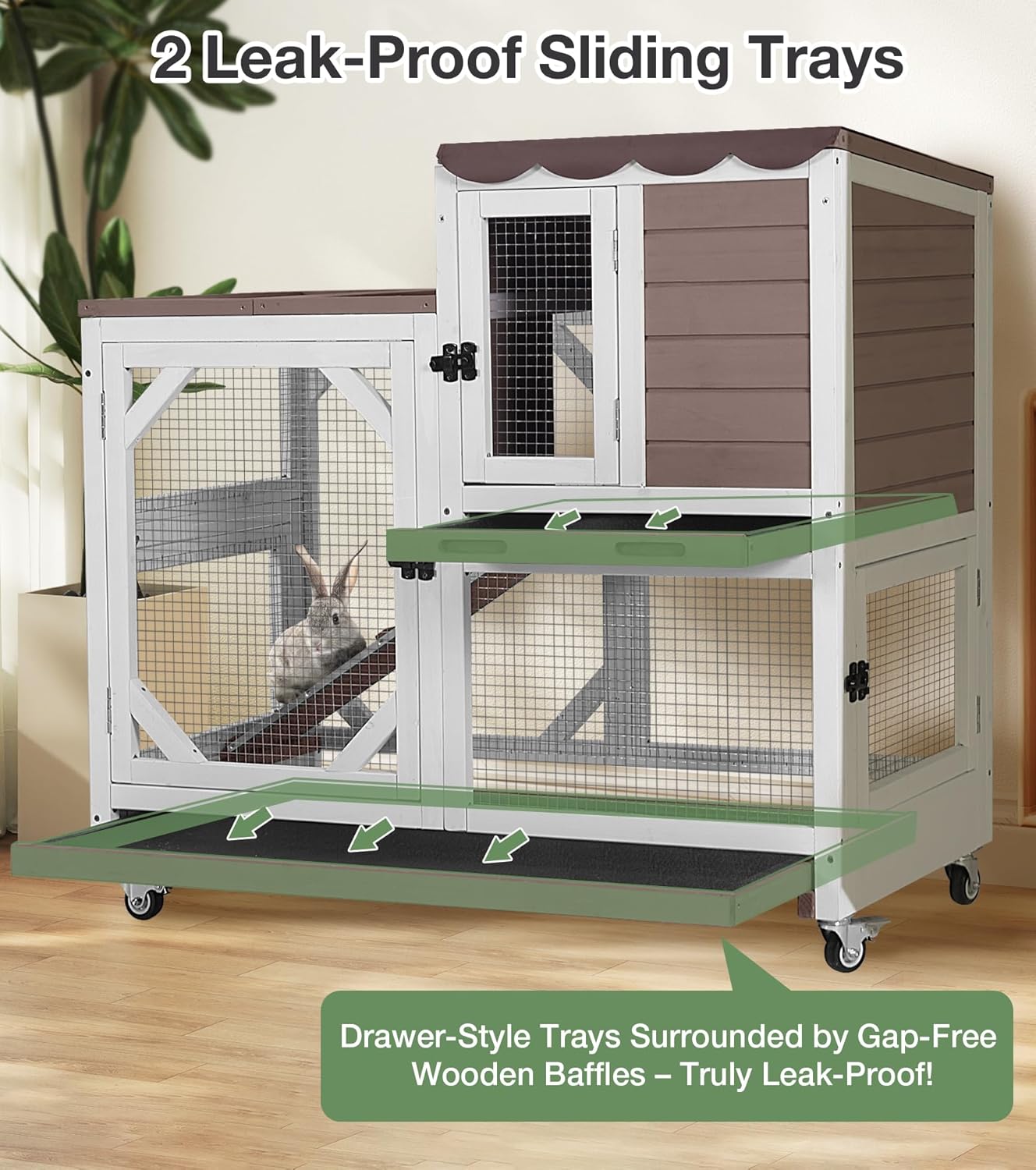 Rabbit Hutch 2-Story Wooden Bunny Cage with 2 Leak-Proof Sliding Trays, Chew-Proof Metal Mesh, Rainproof Cover, Indoor & Outdoor Guinea Pig House with Wheels - Brown
