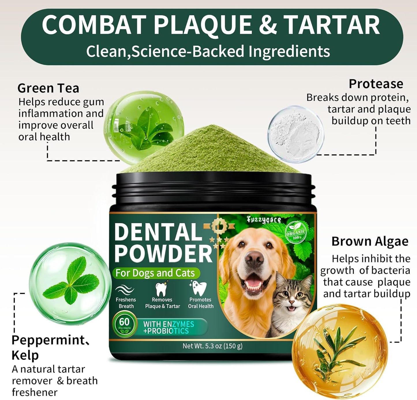 Dog Dental Powder, Dog Teeth Cleaning Powder with Natural Herbal Blend & Postbiotics, Dog Teeth Cleaning, Targets Tartar & Reduces Plaque & Bad Breath for Dogs & Cats, Mint -150Grams