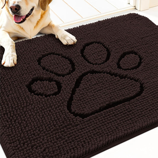 OLANLY Door Mat for Muddy Dog Paws 30x20, Absorbent Chenille Mud Doormat with Paw Print Design, Non-Slip Washable Doormat for Indoor Entryway, Quick-Dry Pet Bed Mats for Dirty Dogs, Brown and Black