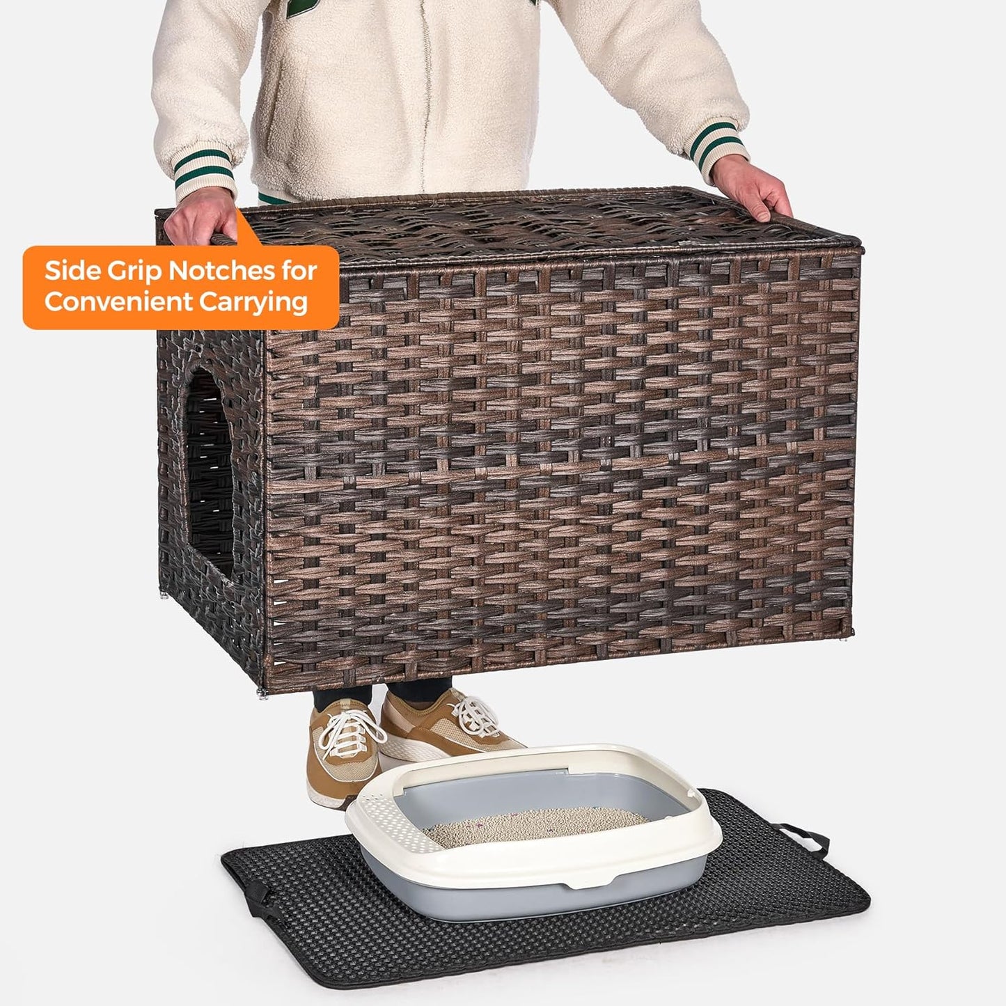 Cat Litter Box Enclosure with Litter Trapping Mat; Handwoven Plastic Rattan Kitten House; No Installation Hidden Cat Washroom; Pet Crate for Balcony,Bedroom,Living Room